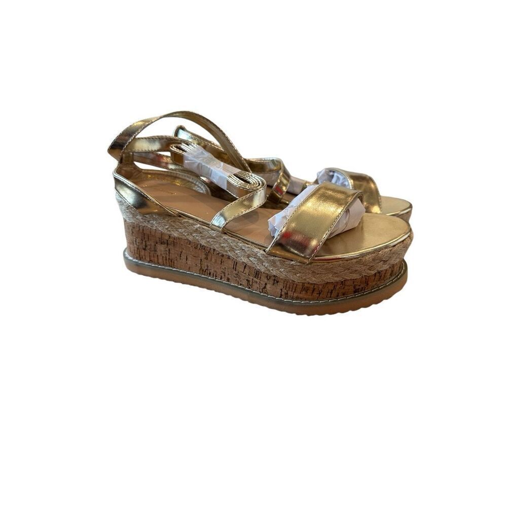 NIB Prettylittlething Espadrille Lace-up Platform Sandal Gold Metallic Size 6.5